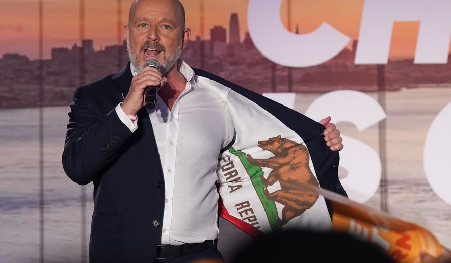 California gubernatorial candidate Steve Hilton speaks during an election night event Tuesday, June 2, 2026, in Huntington Beach, Calif. (AP Photo/Gregory Bull)