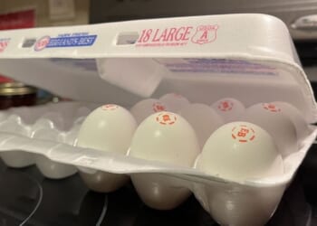 A carton of large eggs rests on a kitchen stove.