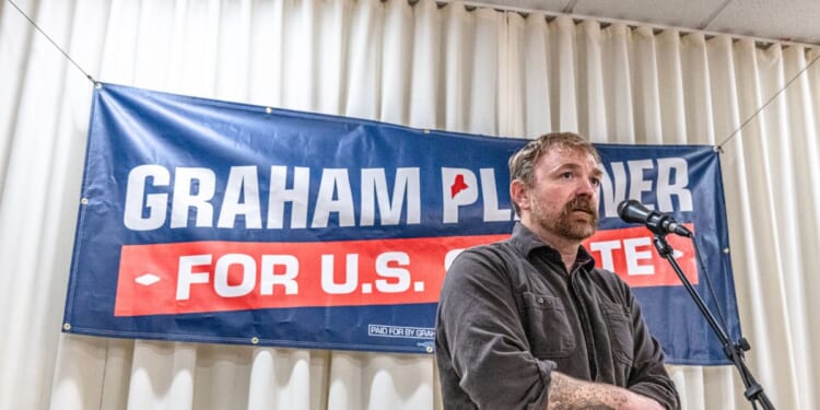 Democratic U.S. Senate candidate Graham Platner speaks to voters at a town hall at the Elks Lodge 188 on June 7, 2026, in Portland, Maine.