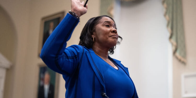 Regina Wallace-Jones, CEO of ActBlue, is sworn in to the House Administration Committee hearing titled "Preventing Fraudulent Donations: Transparency, Verification, and Accountability," in Longworth building on Wednesday, June 10, 2026. (Tom Williams/CQ-Roll Call, Inc via Getty Images)