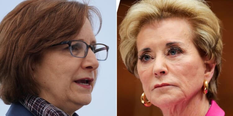 Democratic Rep.Suzanne Bonamici of Oregon, left, has launched an impeachment effort against Education Secretary Linda McMahon.