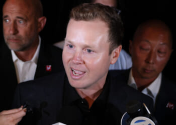 Los Angeles mayoral candidate Spencer Pratt speaks to the media outside of a election night party at Don Antonio's Mexican restaurant on June 2. (Ronaldo Bolaños / Los Angeles Times via Getty Images)