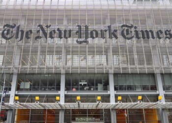 The front view of the New York Times Building on the west side of Midtown Manhattan in New York City on July 5, 2022.