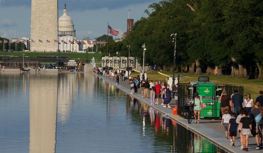 People walk along the Lincoln Memorial Reflecting Pool Tuesday, June 23, 2026, in Washington. (AP Photo/Jon Elswick)