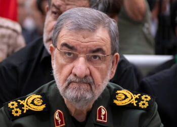 Mohsen Rezaei, an Islamic Revolutionary Guard Corps general, looks on while attending a ceremony at Ayatollah Ruhollah Khomeini's shrine.