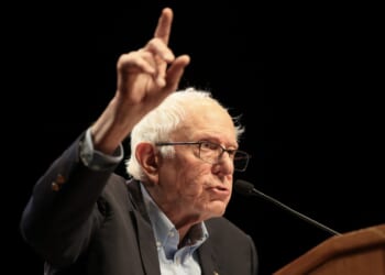 Sen. Bernie Sanders, I-Vt., raising his finger while speaking