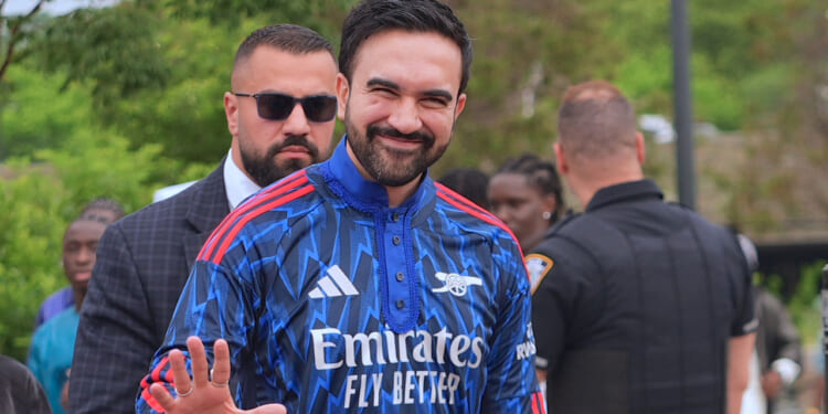 New York City Mayor Zohran Mamdani in a UAE soccer jersey.