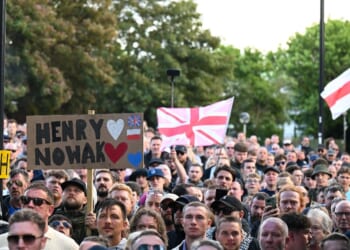 People attend a protest about the police's handling of the arrest of Henry Nowak at Southampton Central Police Station on June 2, 2026, in Southampton, England.