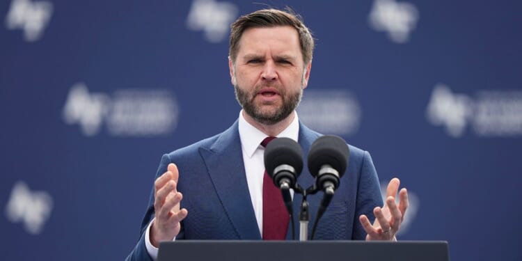 Vice President J.D. Vance speaks at the United States Air Force Academy Graduation Ceremony at Falcon Stadium at the United States Air Force Academy on May 28, 2026, in Colorado Springs, Colorado.
