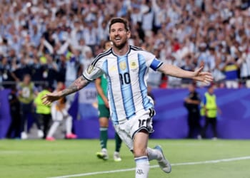 Lionel Messi of Argentina celebrates scoring his team's second goal during the FIFA World Cup 2026 Group J match between Argentina and Algeria at Kansas City Stadium on June 16, 2026, in Kansas City, Missouri.