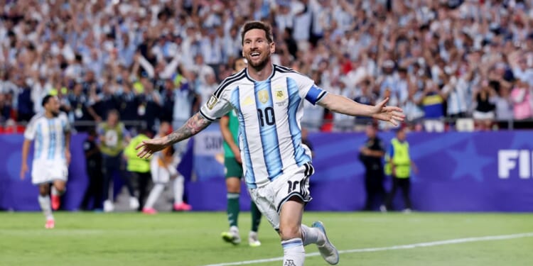 Lionel Messi of Argentina celebrates scoring his team's second goal during the FIFA World Cup 2026 Group J match between Argentina and Algeria at Kansas City Stadium on June 16, 2026, in Kansas City, Missouri.