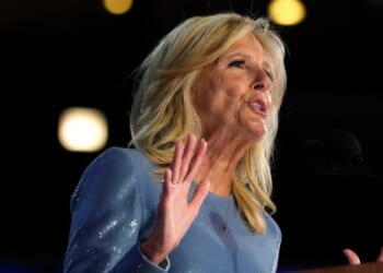 Then-first lady Jill Biden is seen speaking during the first day of Democratic National Convention, Aug. 19, 2024, in Chicago.
