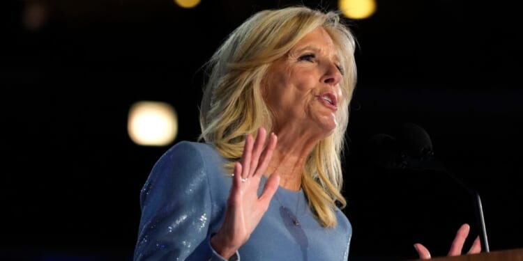 Then-first lady Jill Biden is seen speaking during the first day of Democratic National Convention, Aug. 19, 2024, in Chicago.