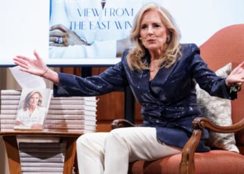 Former First Lady Dr. Jill Biden speaks to a crowd while promoting her new book, "View from the East Wing: A Memoir", which went on sale June 2.