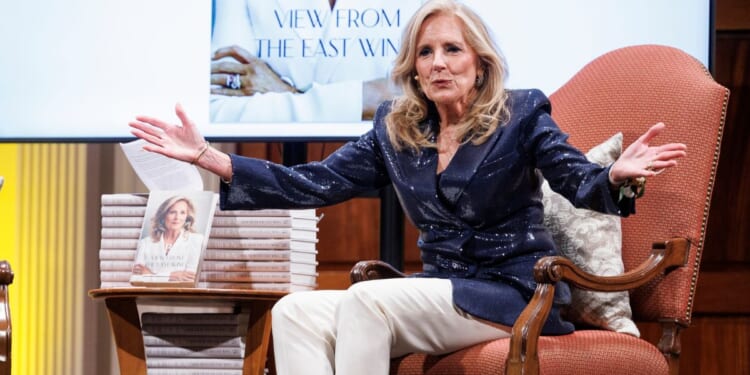 Former First Lady Dr. Jill Biden speaks to a crowd while promoting her new book, "View from the East Wing: A Memoir", which went on sale June 2.