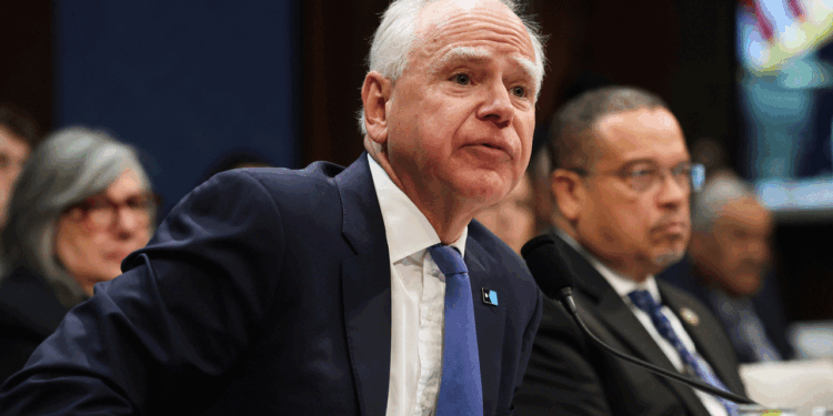 Minnesota Gov. Tim Walz testifies during a House Oversight and Government Reform Committee hearing in the U.S. Capitol Building on March 04, 2026 in Washington, DC. The committee held the hearing to examine the alleged misuse of federal funds intended for Minnesota social services and Medicaid programs. (Photo by Anna Moneymaker/Getty Images)