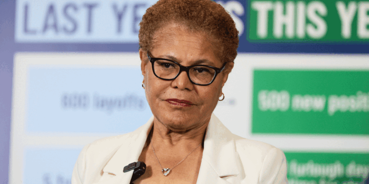 Karen Bass looks ahead with a straight face.