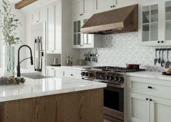 A traditional L-shaped kitchen with a large island.