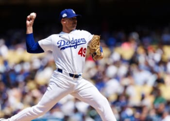 Blake Treinen of the Los Angeles Dodgers pitches during the game against the Los Angeles Angels at Dodger Stadium on June 7, 2026, in Los Angeles, California.