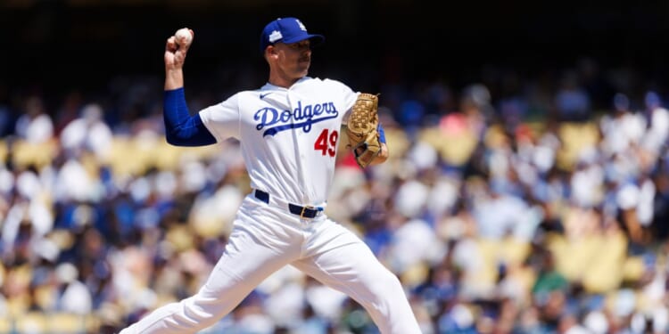 Blake Treinen of the Los Angeles Dodgers pitches during the game against the Los Angeles Angels at Dodger Stadium on June 7, 2026, in Los Angeles, California.
