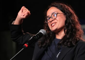Congressional candidate Claire Valdez speaks during her primary-night watch party Tuesday in New York City. Valdez, a member and leader in the Democratic Socialists of America, was one of three progressive or socialist candidates endorsed by Mayor Zohran Mamdani.