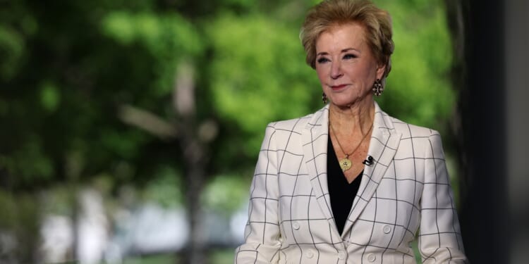 U.S. Secretary of Education Linda McMahon standing outside