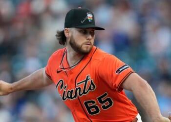 Landen Roupp of the San Francisco Giants pitches against the Chicago Cubs in the top of the first inning of a major league baseball game at Oracle Park on June 12, 2026, in San Francisco, California.