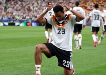 German national team soccer player Felix Nmecha celebrates scoring his team's first goal of the World Cup on Sunday in Houston.