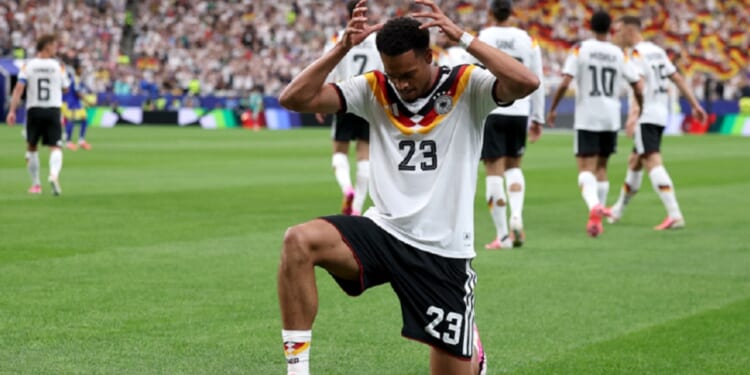German national team soccer player Felix Nmecha celebrates scoring his team's first goal of the World Cup on Sunday in Houston.