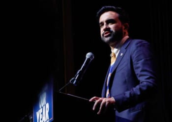 Mayor of New York Zohran Mamdani speaks to a crowd at a rally in Brooklyn, New York on June 18, 2026.