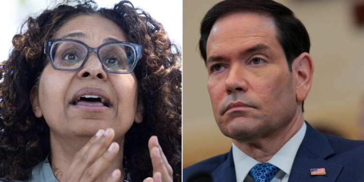 Rep. Sydney Kamlager-Dove, left, a California Democrat, wouldn't let Secretary of State Marco Rubio get a word in edgewise.