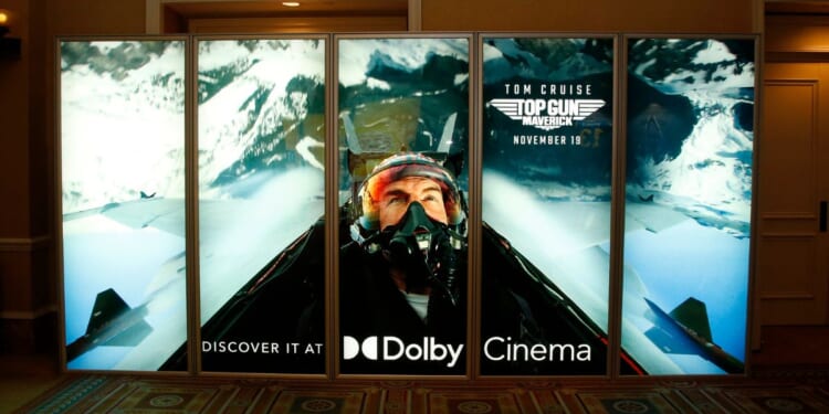 A poster for the 2022 film "Top Gun: Maverick" as seen at Ceasars Palace during CinemaCon in Las Vegas on Aug. 26, 2021.