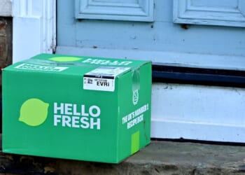 A HelloFresh box sits on a doorstep on Jan. 24, 2026, in Great Dunmow, United Kingdom.