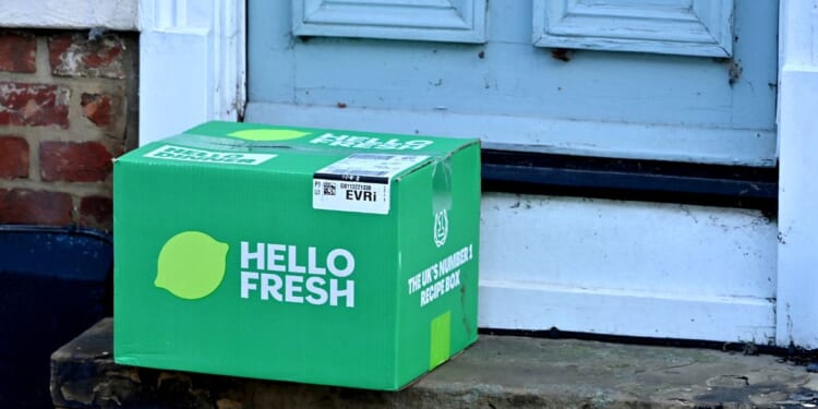 A HelloFresh box sits on a doorstep on Jan. 24, 2026, in Great Dunmow, United Kingdom.