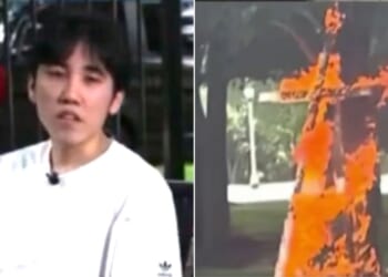 A young liberal identified as Merlin Lu, 21, told a Chicago TV station he burned the cross to protest the Trump administration.