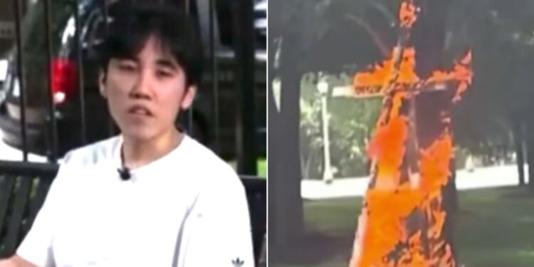 A young liberal identified as Merlin Lu, 21, told a Chicago TV station he burned the cross to protest the Trump administration.