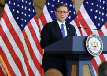 Speaker of the House Mike Johnson speaks to a crowd in Emancipation Hall at the United States Capitol Building on June 24, 2026.