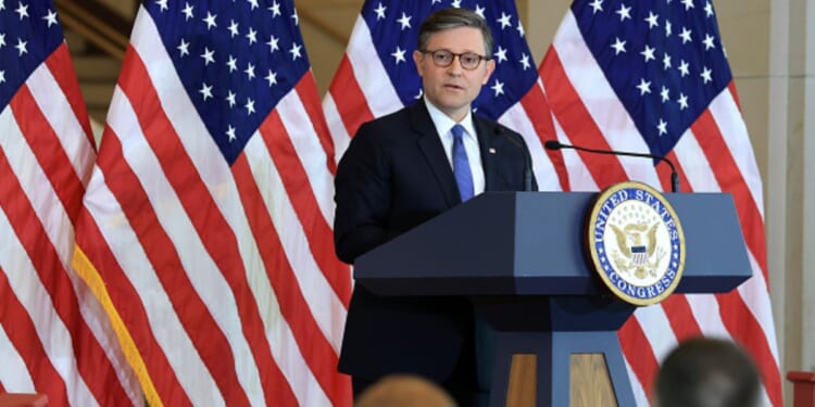 Speaker of the House Mike Johnson speaks to a crowd in Emancipation Hall at the United States Capitol Building on June 24, 2026.