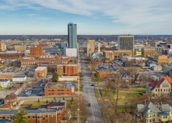 An aerial view of South Bend, Indiana.