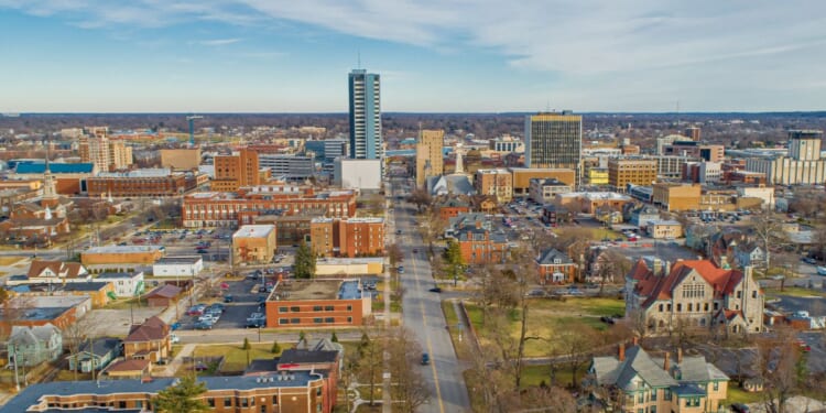 An aerial view of South Bend, Indiana.