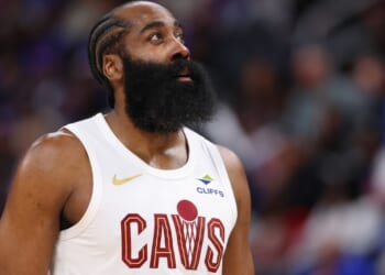 James Harden #1 of the Cleveland Cavaliers looks on against the Detroit Pistons during the first quarter in Game Five of the second round of the NBA Eastern Conference Playoffs on May 1 in Detroit, Michigan.
