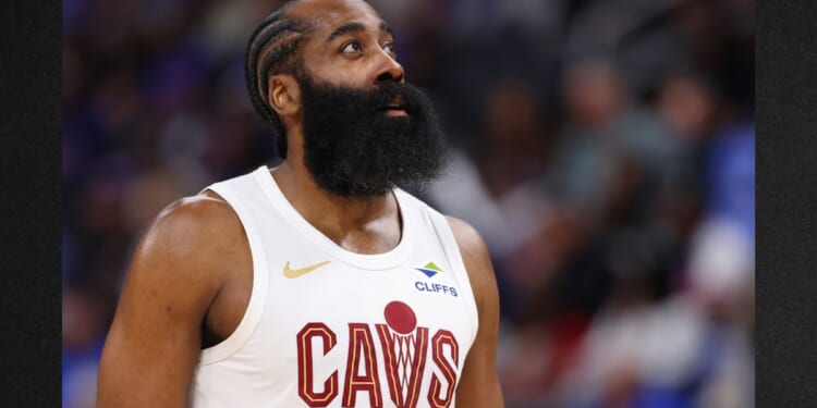 James Harden #1 of the Cleveland Cavaliers looks on against the Detroit Pistons during the first quarter in Game Five of the second round of the NBA Eastern Conference Playoffs on May 1 in Detroit, Michigan.