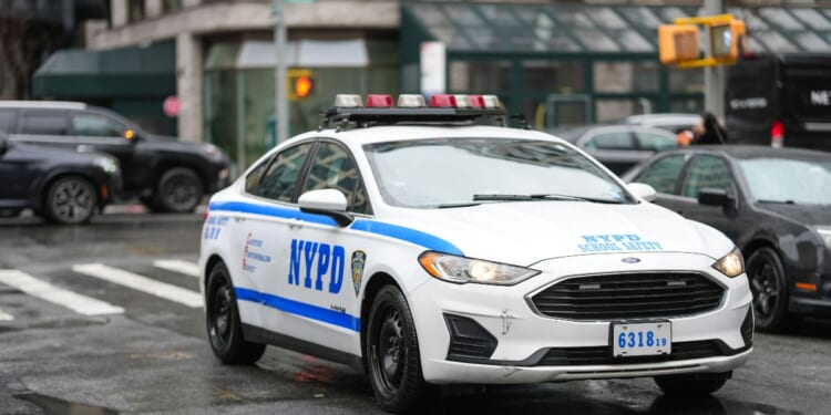A general view of a police car next to the show venue, outside Brandon Maxwell, during New York Fashion Week, on Feb. 6, 2025, in New York City.