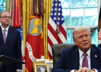 Director of the National Economic Council Kevin Hassett looks on as President Donald Trump speaks during a press availability in the Oval Office of the White House on Sept. 5, 2025, in Washington, D.C.