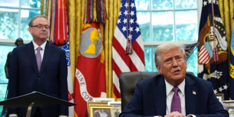 Director of the National Economic Council Kevin Hassett looks on as President Donald Trump speaks during a press availability in the Oval Office of the White House on Sept. 5, 2025, in Washington, D.C.