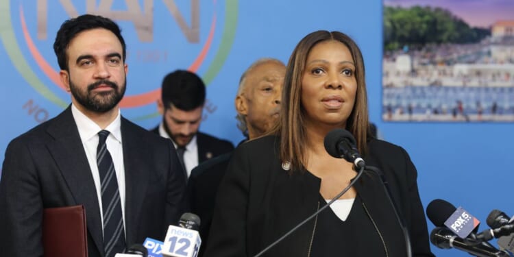 New York City Mayor Zohran Mamdani and Attorney General of New York Letitia James during the 2025 National Action Network Thanksgiving Feeding at National Action Network’s House of Justice on Nov. 27, 2025, in New York City.