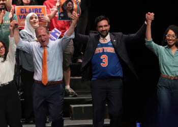 Socialist congressional candidate Claire Valdez, Congressional candidate Brad Lander, Mayor Zohran Mamdani, and Congressional candidate Darializa Avila Chevalier raise their hands during a Get Out the Vote (GOTV) rally at King's Theater on June 18, 2026 in New York City.