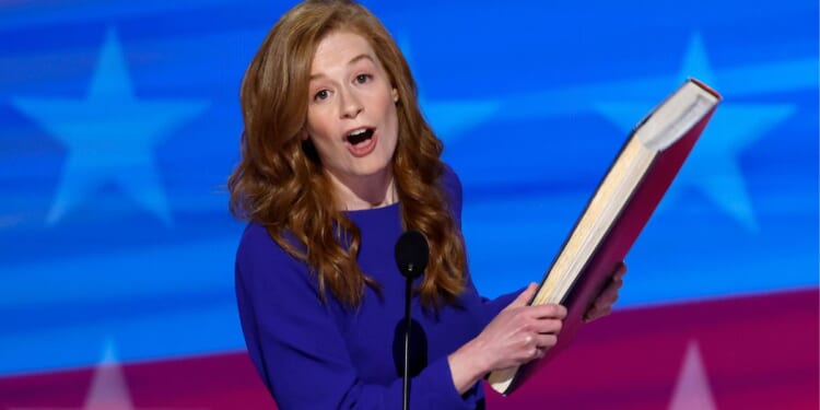 Michigan State Sen. Mallory McMorrow delivers remarks during the Democratic National Convention Aug.19, 2024, in Chicago, Illinois.