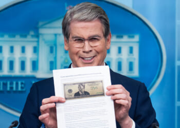 UNITED STATES - MAY 28: Treasury Secretary Scott Bessent holds a printout of a proposed $250 bill featuring a picture of President Donald Trump, during the White House press briefing where he addressed Trump Accounts, the war in Iran, and inflation among other issues, on Thursday, May 28, 2026. (Tom Williams/CQ-Roll Call, Inc via Getty Images)