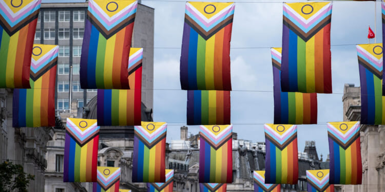 Intersex Inclusive Pride flags high above Regent Street in advance of the Pride in London parade on 7th July 2025 in London, United Kingdom.